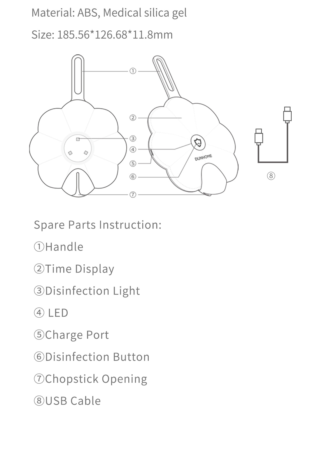 DH-004 UV disinfection cover dimensions and components