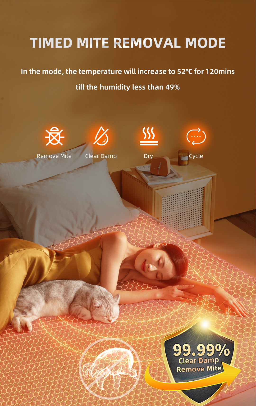 Graphene Heated Mattress Pad: bedtime use with timer mode illustration.