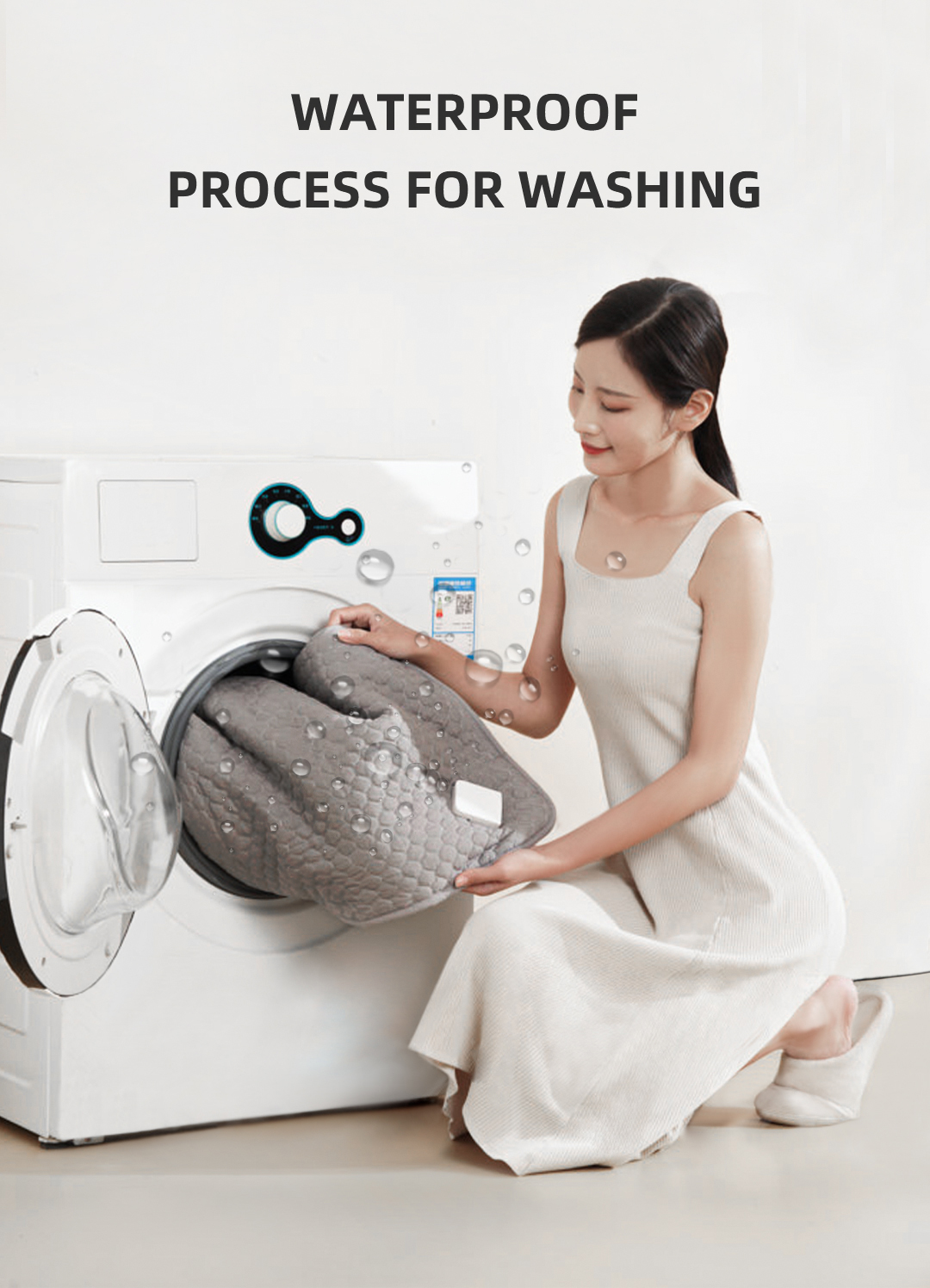 Graphene Heated Mattress Pad: pad cleaning illustration beside a washing machine.