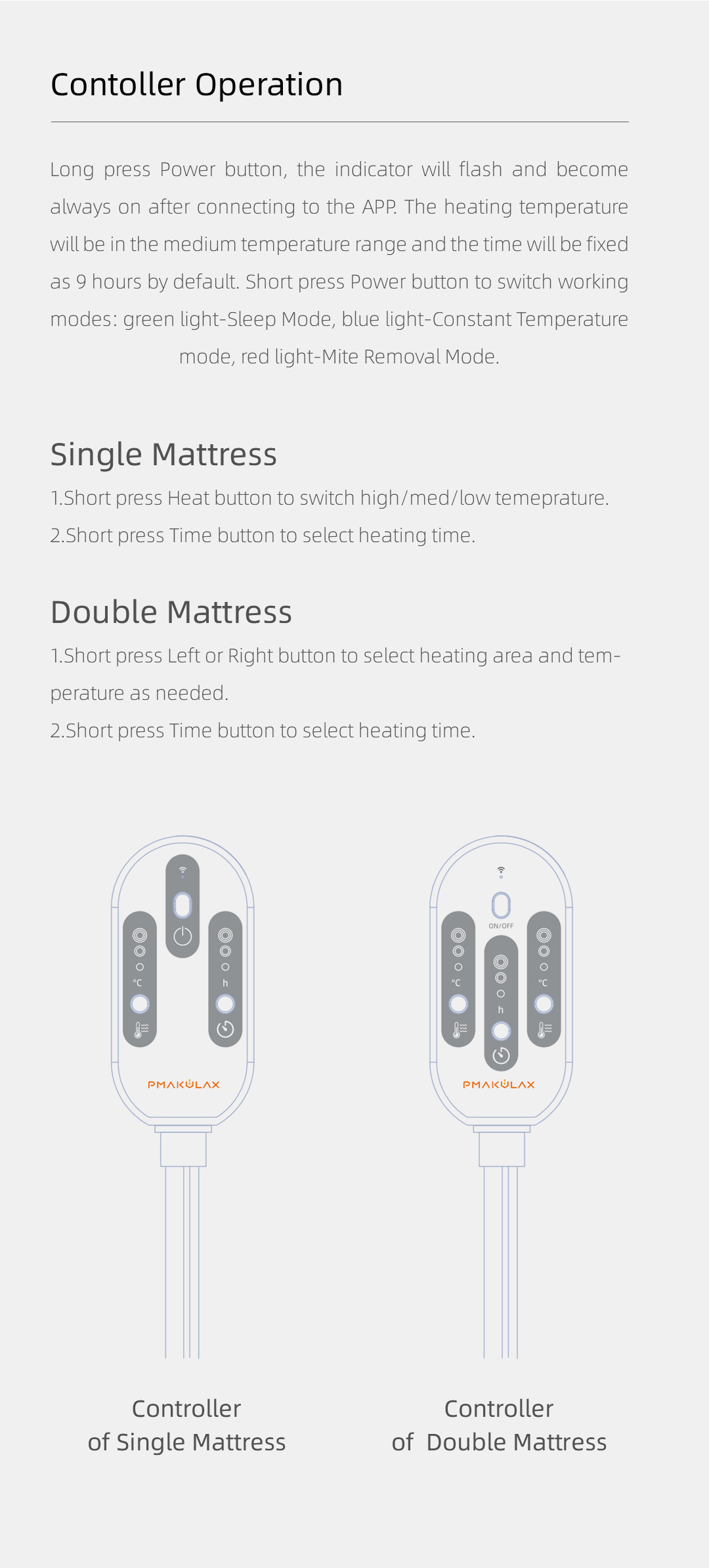 Graphene Heated Mattress Pad: wired controller operation guide.
