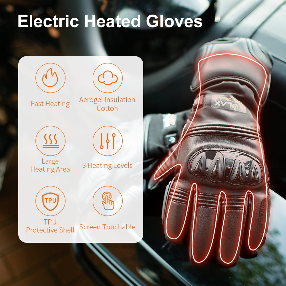 Smart Heated Gloves with Touchscreen Control: glove product overview and feature icons.