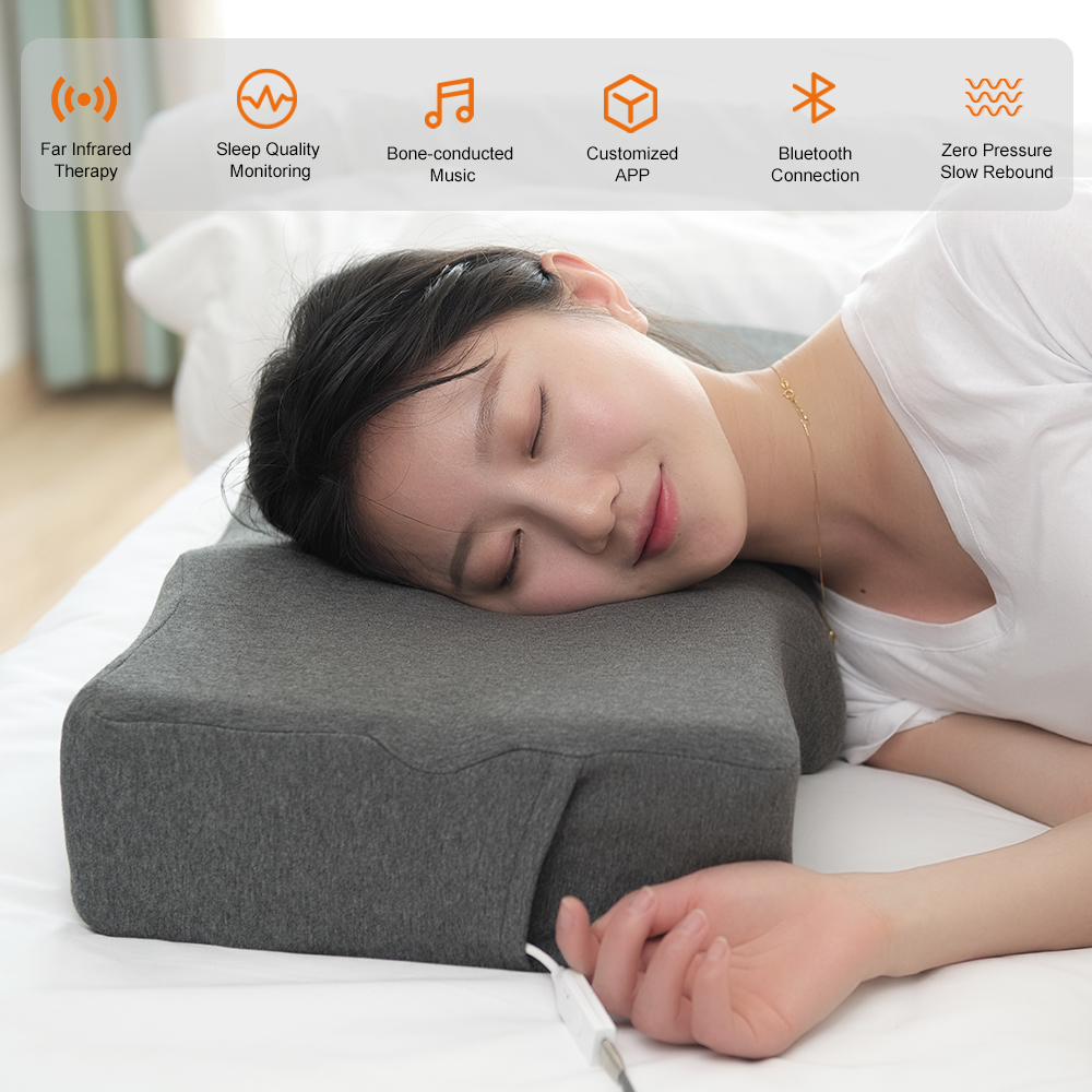 U10 Graphene Heated Smart Sleep Pillow: woman sleeping with product feature icons.