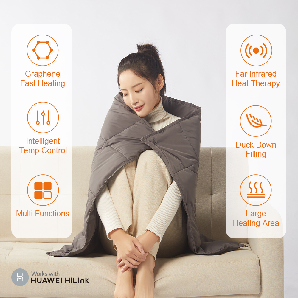 Multifunctional Graphene Heated Down Wrap: seated shawl use with feature icons.