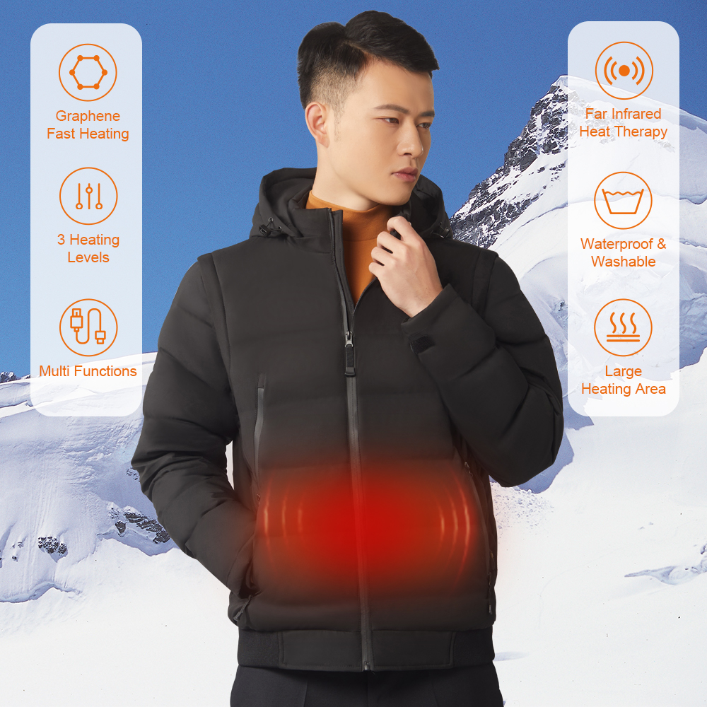 Graphene Heated Jacket: man wearing the jacket with feature icons.