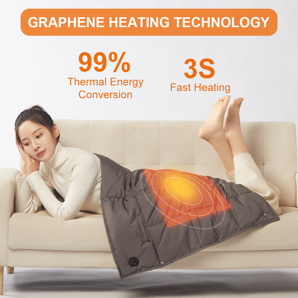 Multifunctional Graphene Heated Down Wrap: reclining use across the legs.