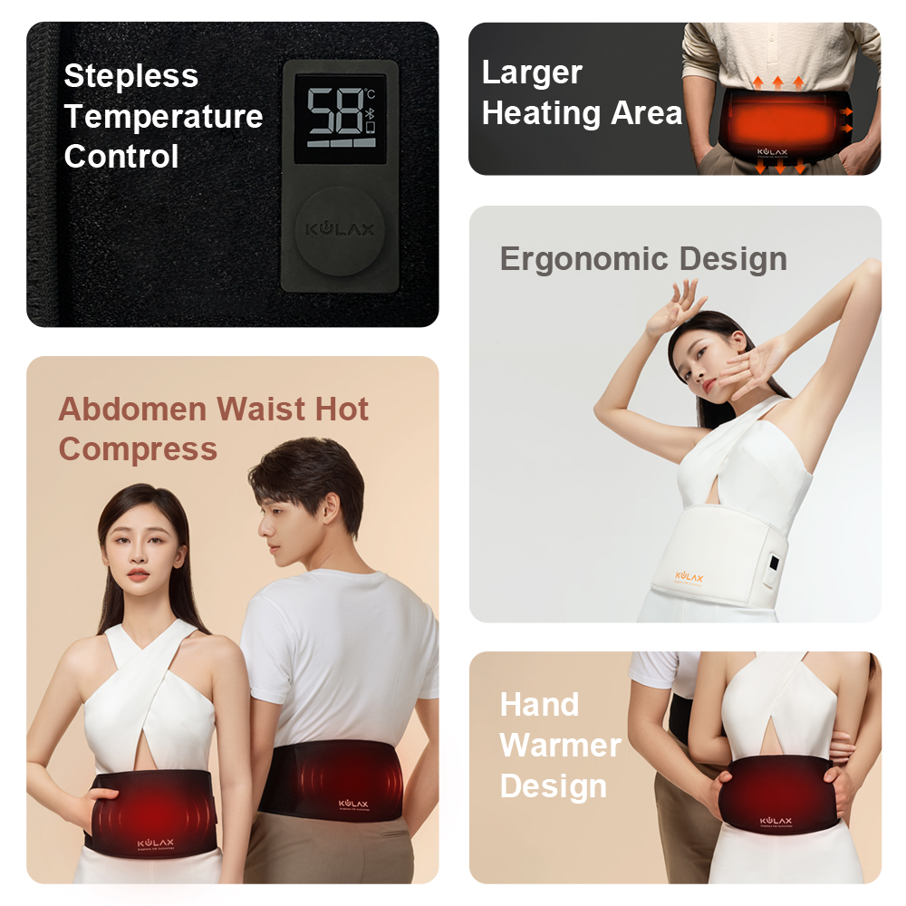 A10 Pro Graphene Heated Waist Belt: control display and wearing examples.