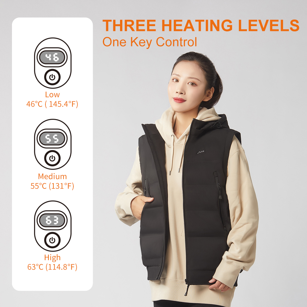 Graphene Heated Jacket: woman wearing the jacket with control setting guide.