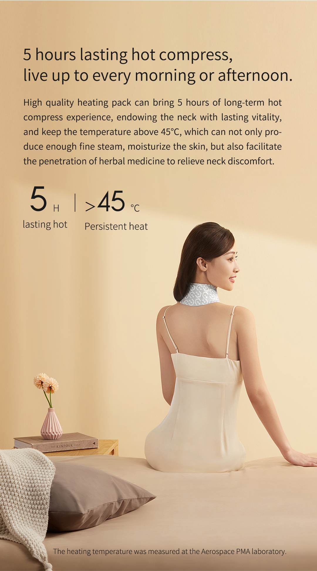 A40 Self-Heating Neck Warm Patch: rear neck wearing scene and use duration guide.