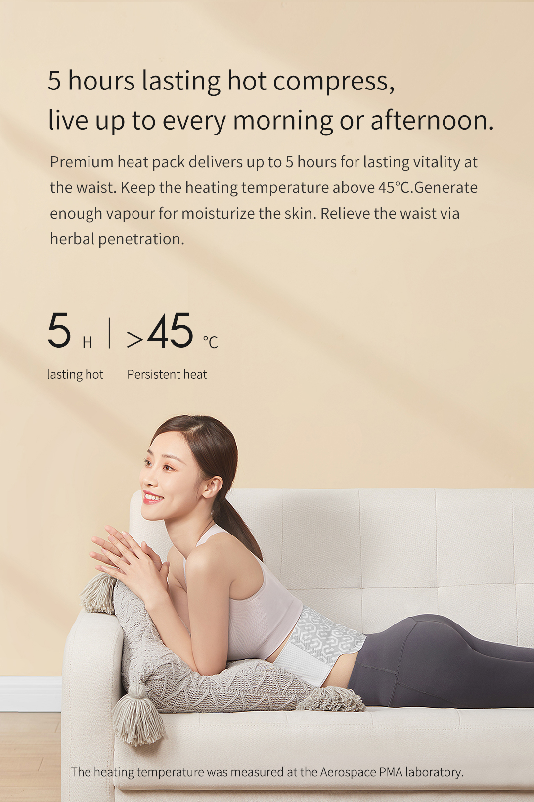 B40 Self-Heating Waist Warm Patch: reclining use and duration graphic.