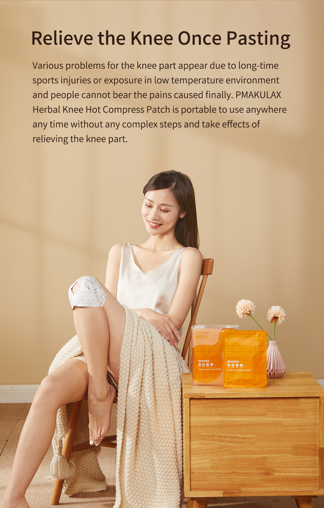 C40 Self-Heating Knee Warm Patch: seated knee application example.