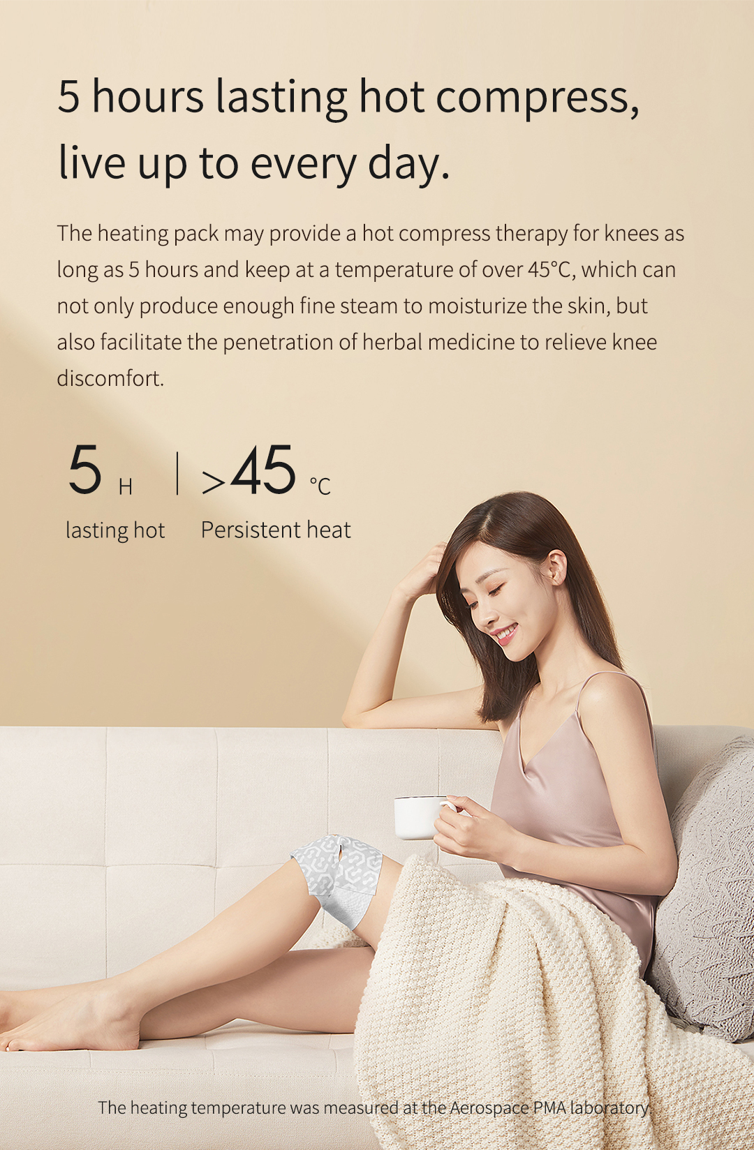 C40 Self-Heating Knee Warm Patch: reading scene and use duration graphic.