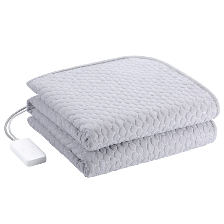 W20 Graphene Low-Voltage Smart Heated Blanket: folded gray blanket with wired controller.