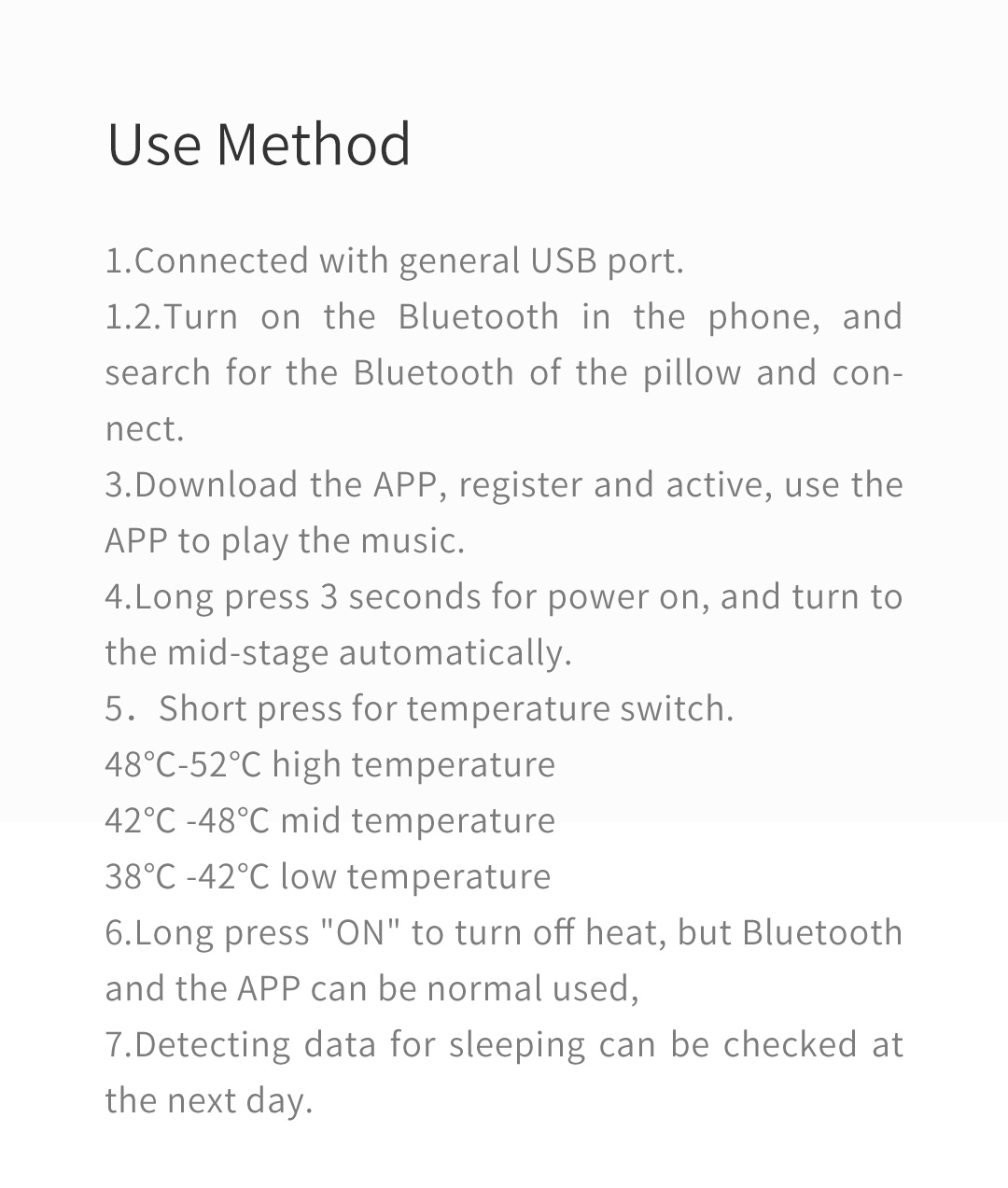 U10 Graphene Heated Smart Sleep Pillow: printed connection and use instructions.