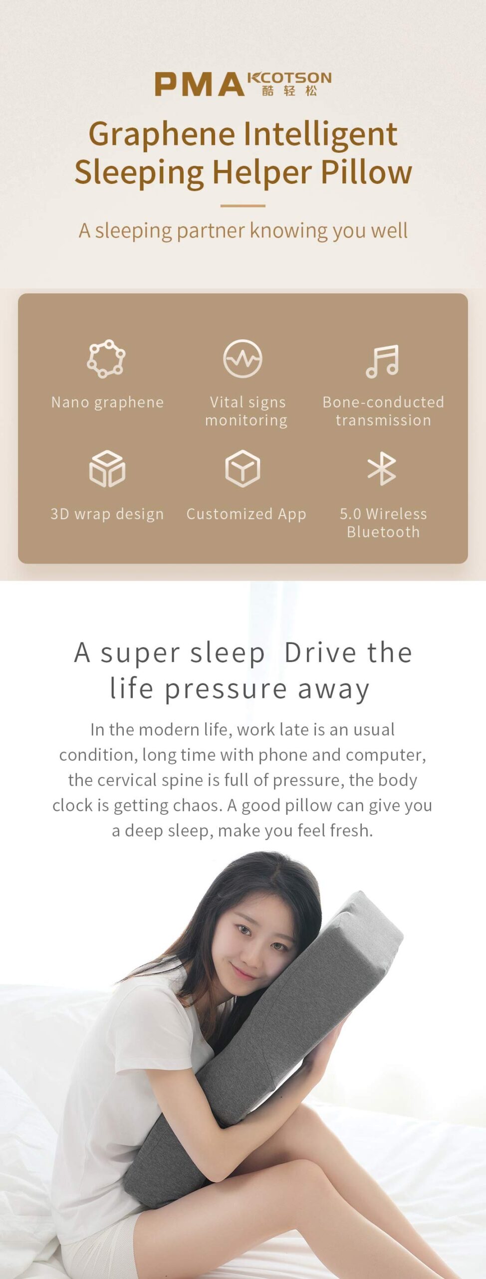 U10 Graphene Heated Smart Sleep Pillow: pillow product overview and resting example.