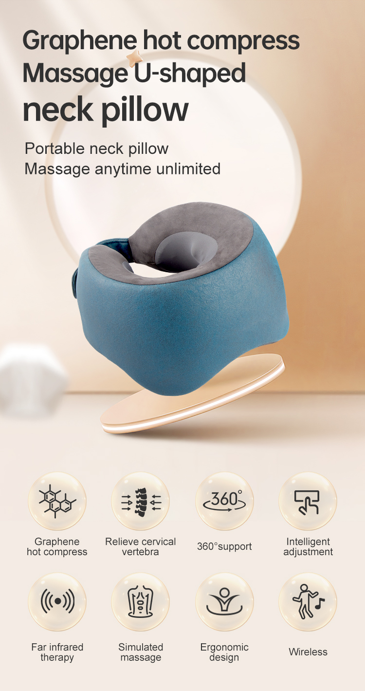 Graphene Heated Massage Neck Pillow: blue neck pillow and power cable display.