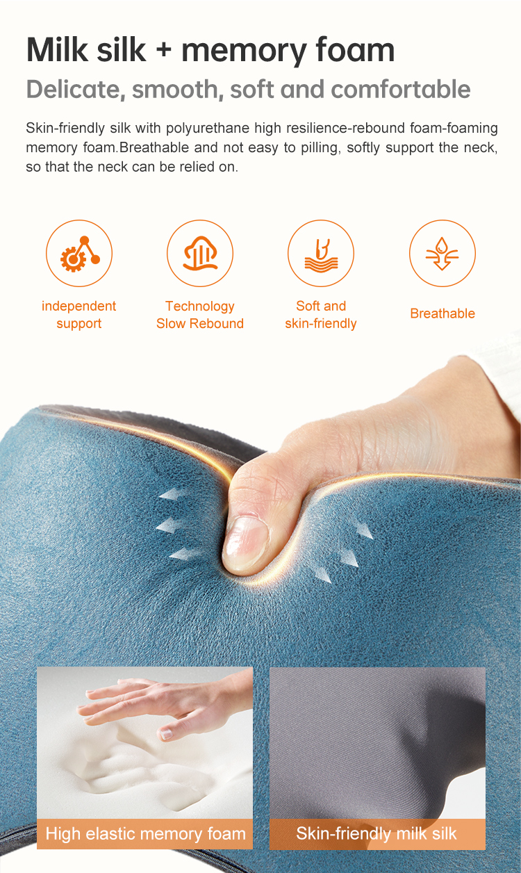 Graphene Heated Massage Neck Pillow: fabric and cushion compression close-ups.