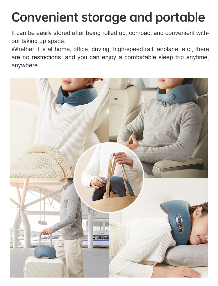 Graphene Heated Massage Neck Pillow: travel seating and carrying examples.