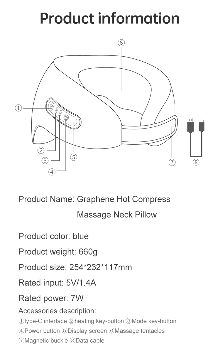 Graphene Heated Massage Neck Pillow: neck pillow dimensions and cable diagram.