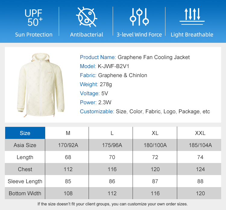 Graphene Cooling Jacket: jacket sizing table and specification panel.