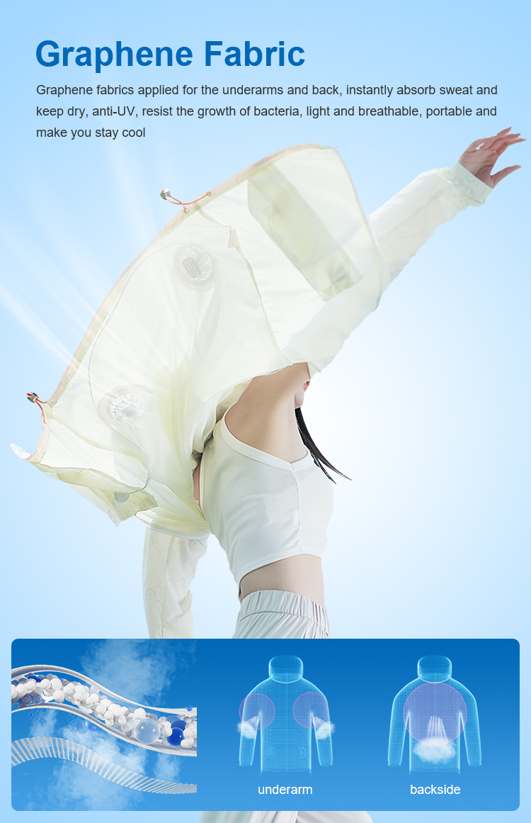 Graphene Cooling Jacket: fabric close-up and airflow illustration.