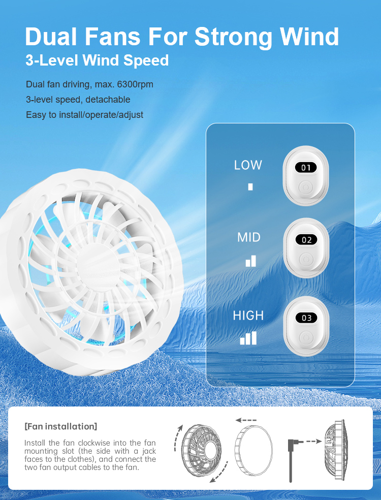 Graphene Cooling Jacket: fan assembly and speed setting guide.