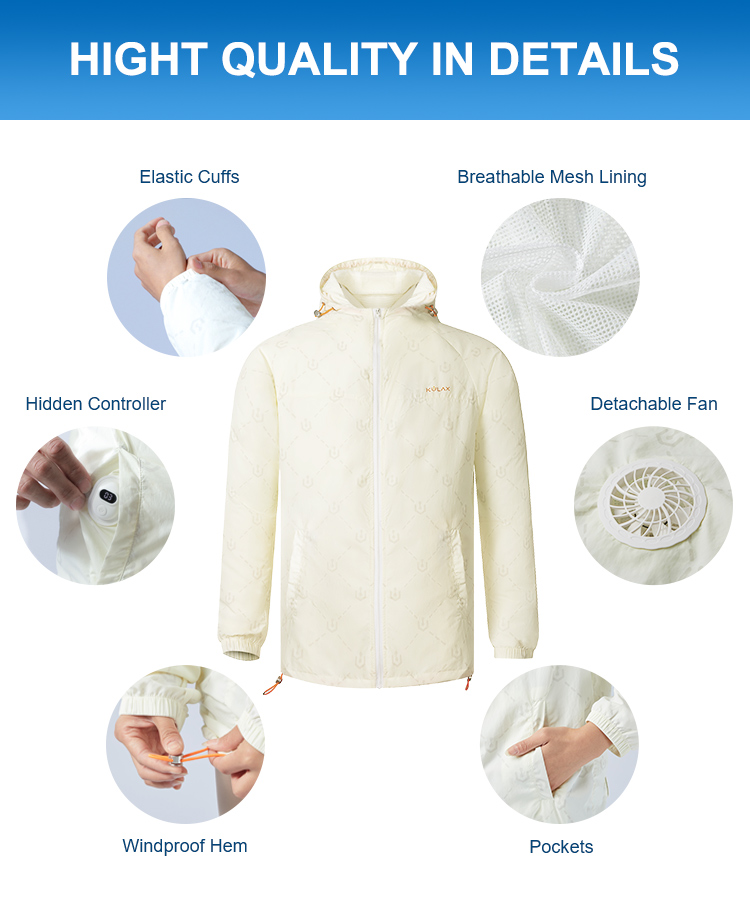 Graphene Cooling Jacket: cuff, lining, fan and hem details.