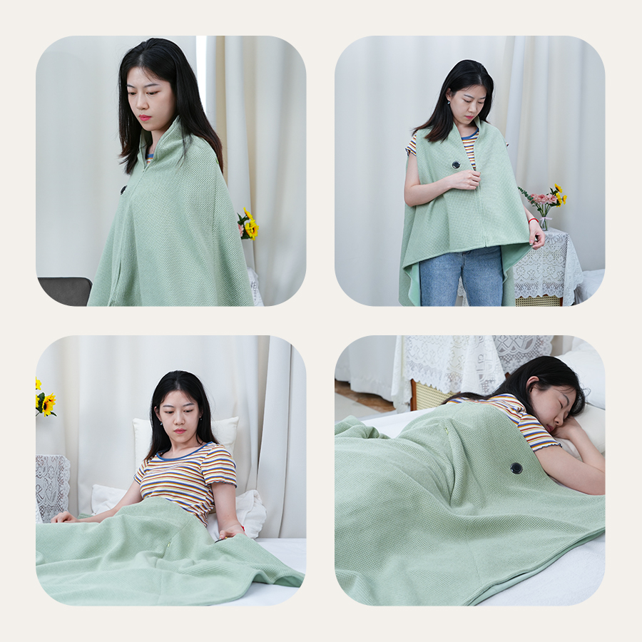 Heated shawl wearing and resting application collage