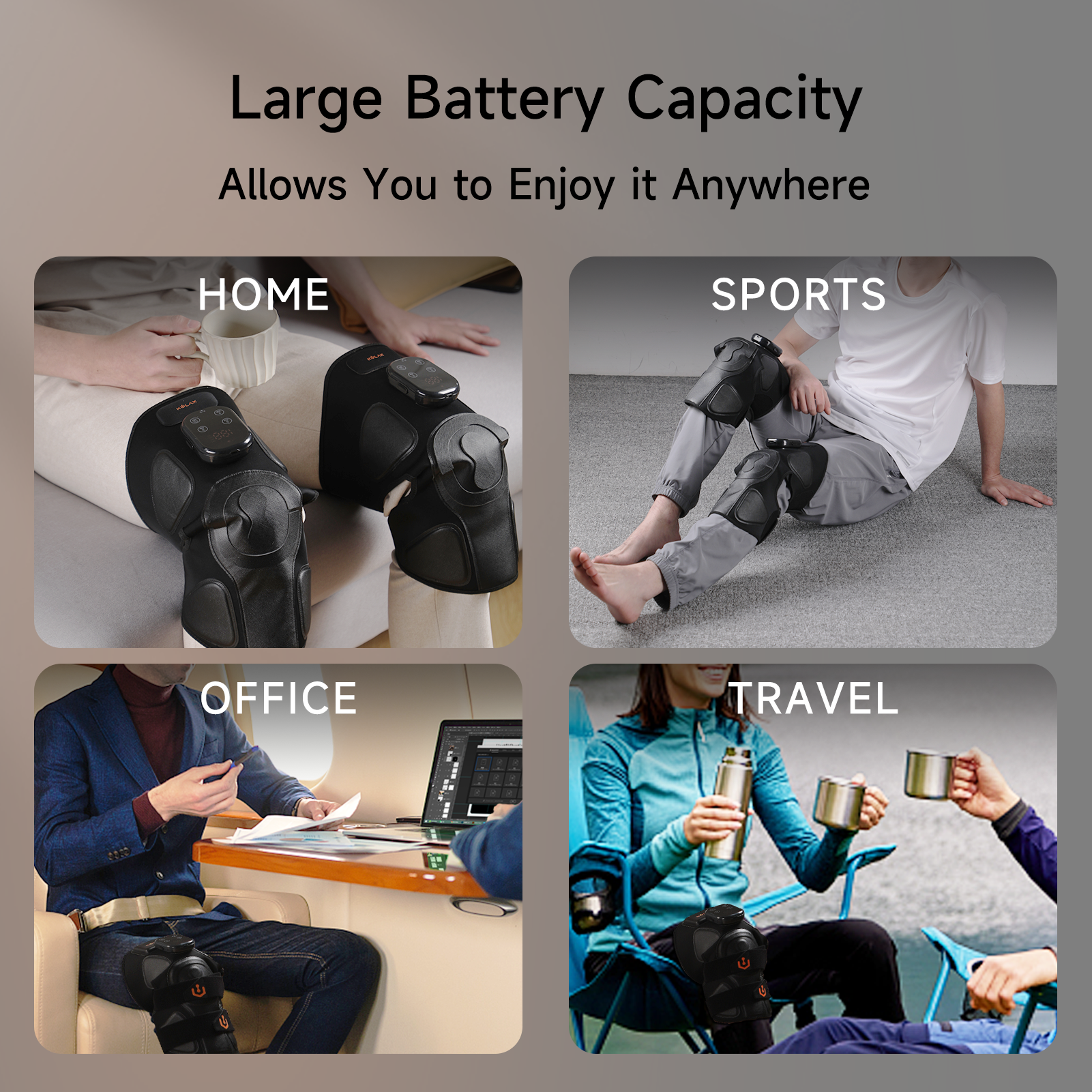 Graphene Airbag Knee & Leg Massager: home, office, travel and sports use examples.