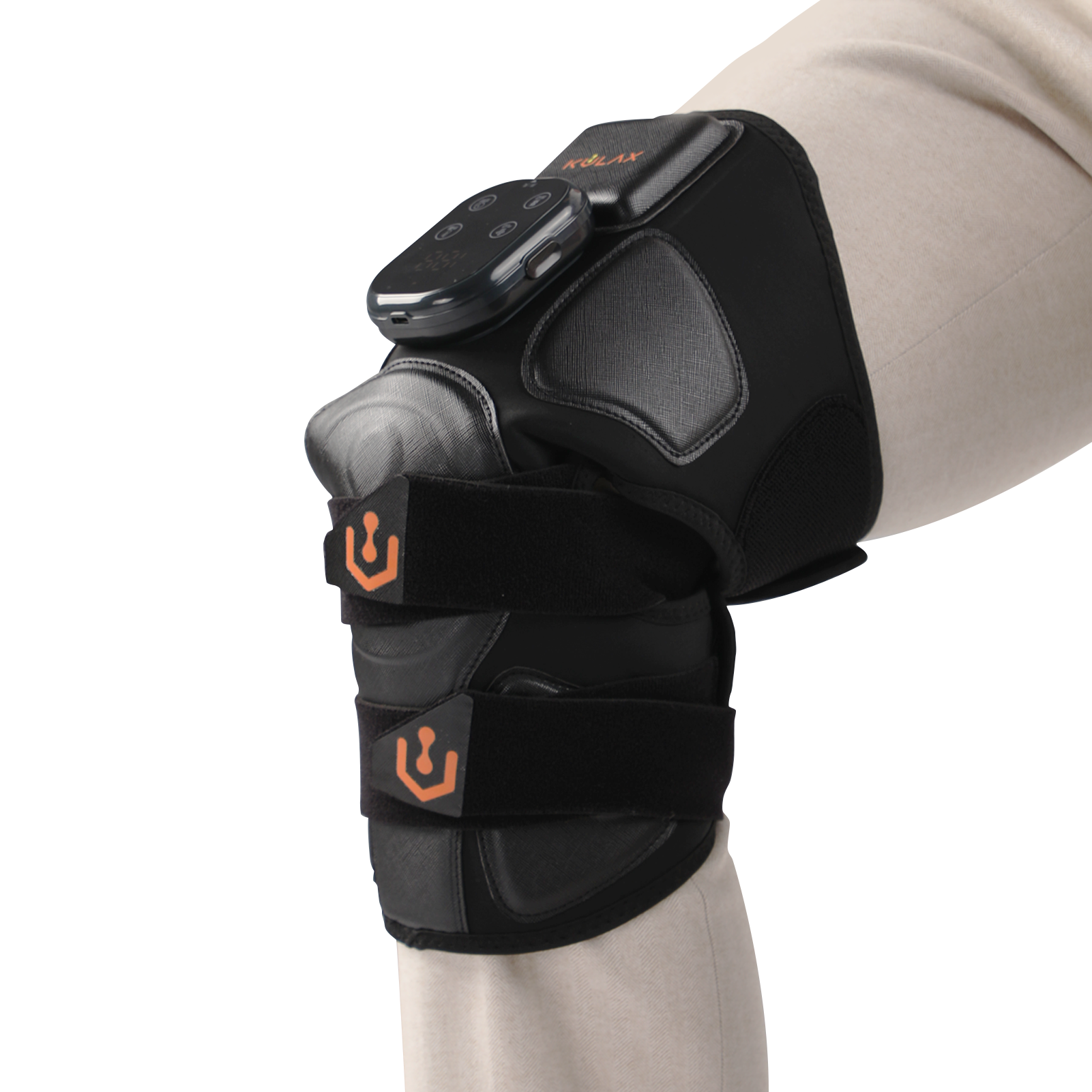 Graphene Airbag Knee & Leg Massager: angled knee wearing view with controller.