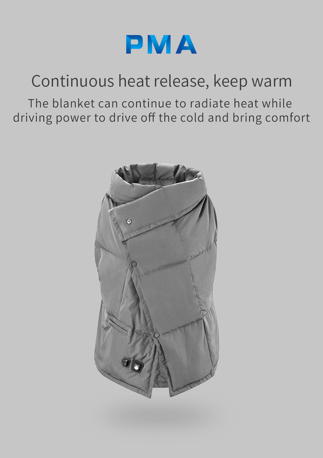 B20 Graphene Heated Down Blanket: folded gray blanket product overview.