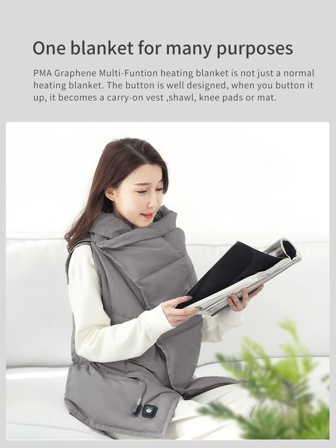 B20 Graphene Heated Down Blanket: shawl wearing view while reading.