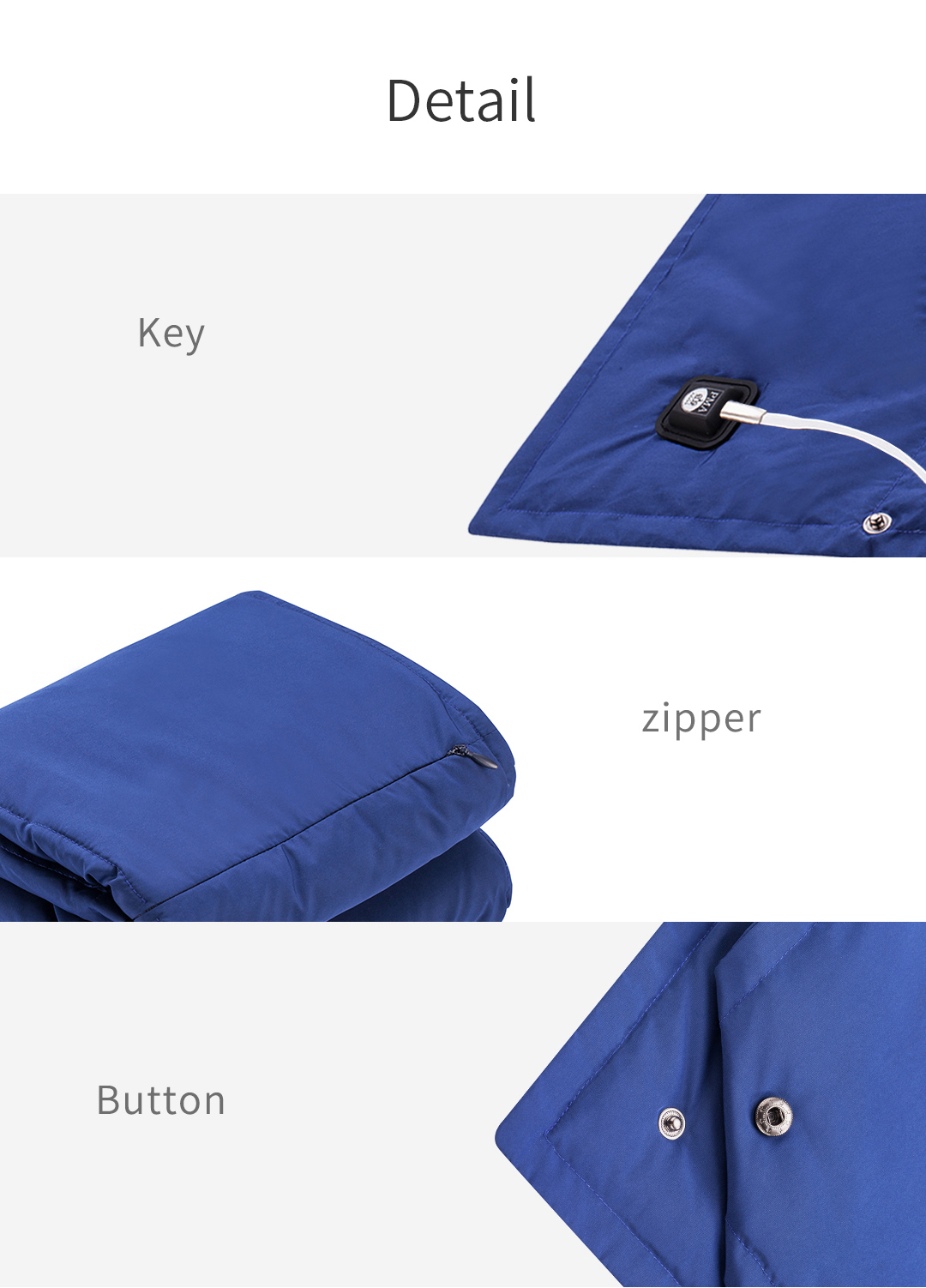 B20 Graphene Heated Down Blanket: control, zipper and snap button details.