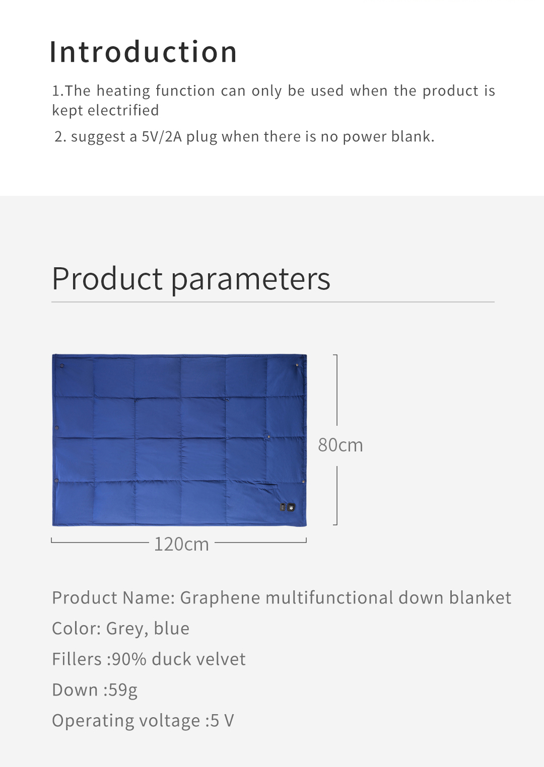 B20 Graphene Heated Down Blanket: blanket dimension diagram and specifications.