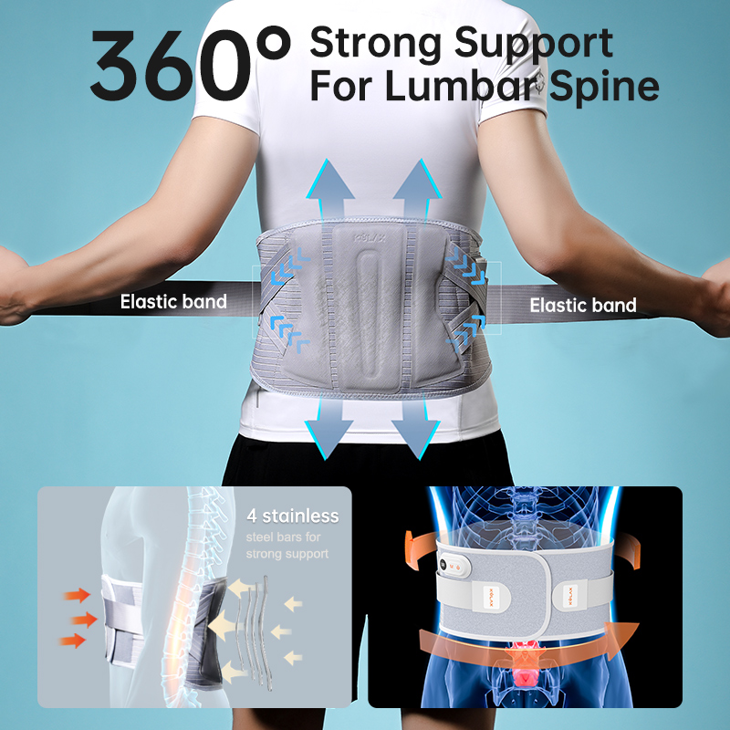 Graphene Heated Lumbar Support Belt: rear support layout and fastening illustration.
