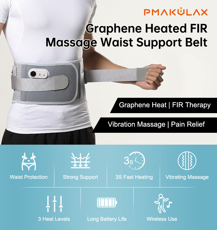 Graphene Heated Lumbar Support Belt: front wearing scene with feature overview.