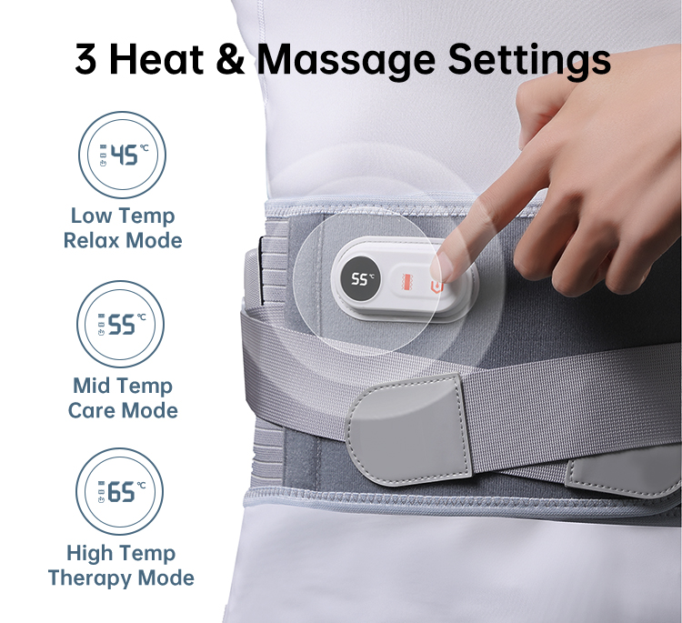 Graphene Heated Lumbar Support Belt: front control panel and setting guide.