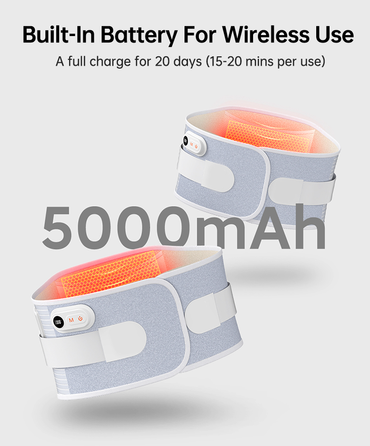 Graphene Heated Lumbar Support Belt: belt views with battery feature graphic.