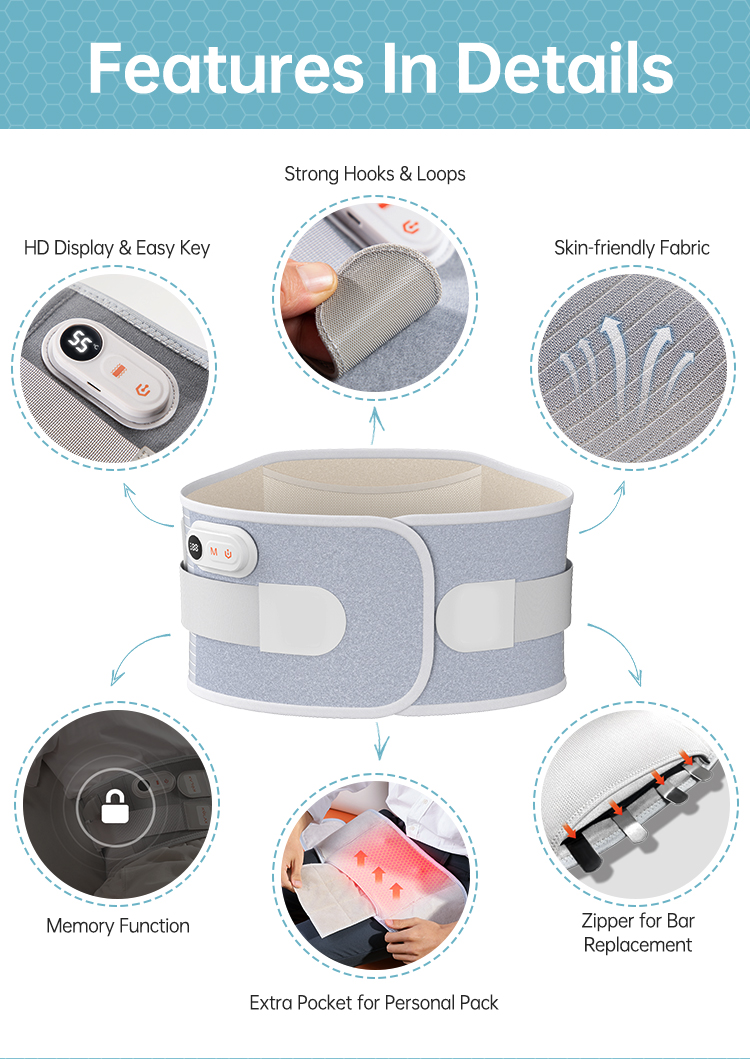 Graphene Heated Lumbar Support Belt: fabric, fastening and removable insert details.