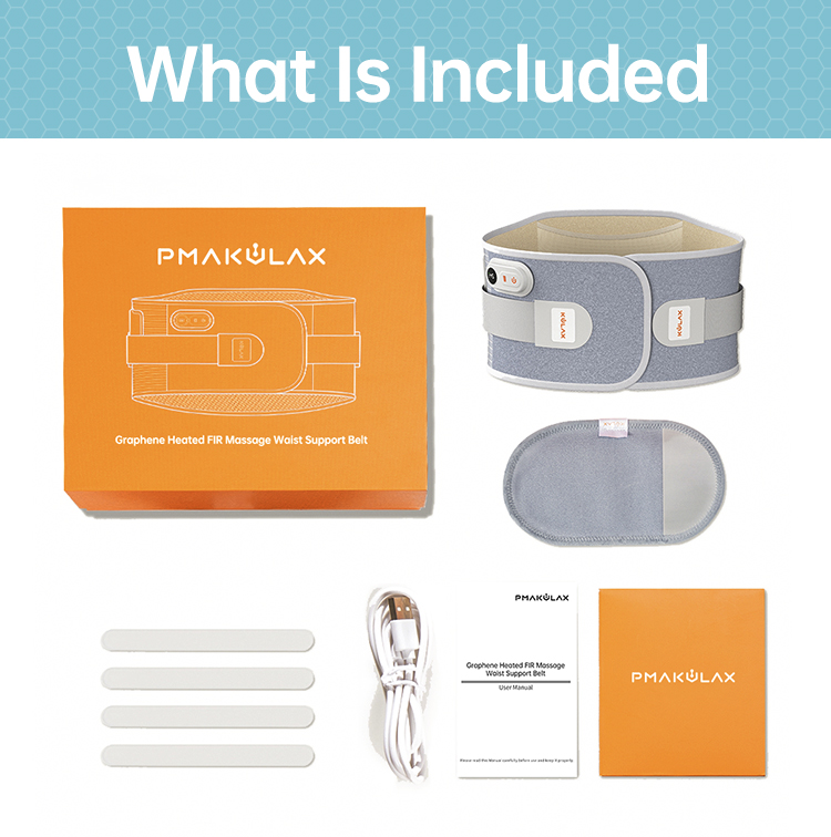 Graphene Heated Lumbar Support Belt: retail box, belt, cable and included accessories.