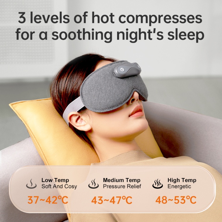 Graphene Heated Nasal Comfort Eye Mask: reclining use with heat setting guide.