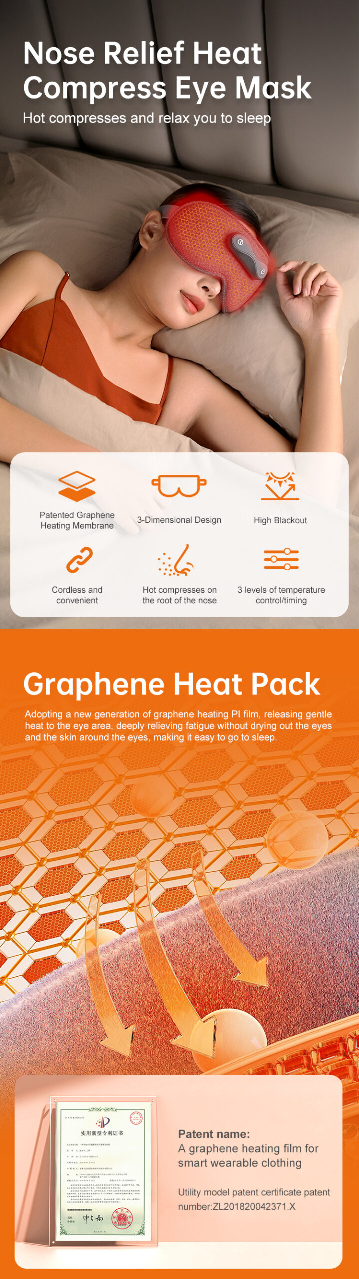 Graphene Heated Nasal Comfort Eye Mask: wearing overview and heating material illustration.