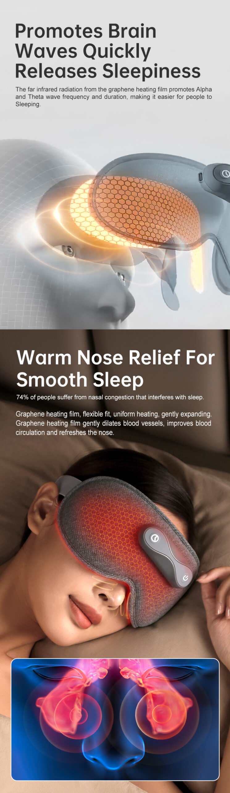 Graphene Heated Nasal Comfort Eye Mask: eye contact illustration and resting scene.