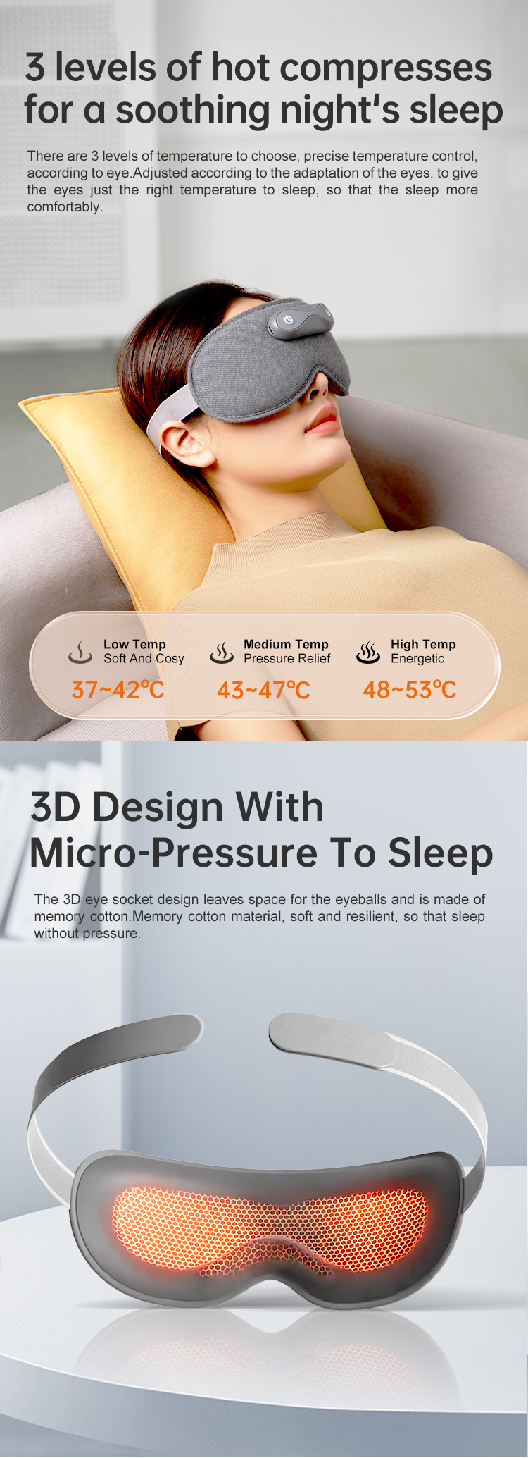 Graphene Heated Nasal Comfort Eye Mask: temperature settings and contoured inner surface.