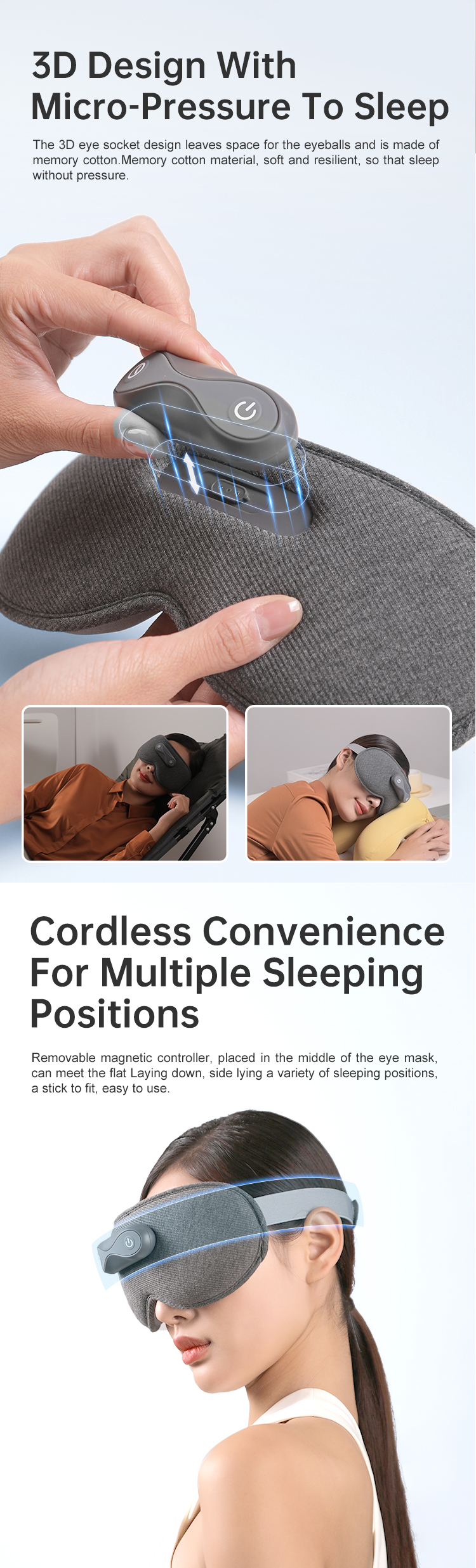 Graphene Heated Nasal Comfort Eye Mask: control unit and contoured mask details.