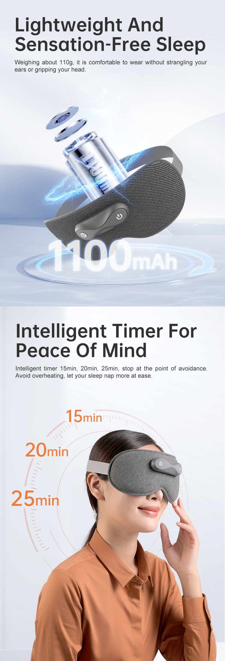 Graphene Heated Nasal Comfort Eye Mask: battery illustration and timer settings.