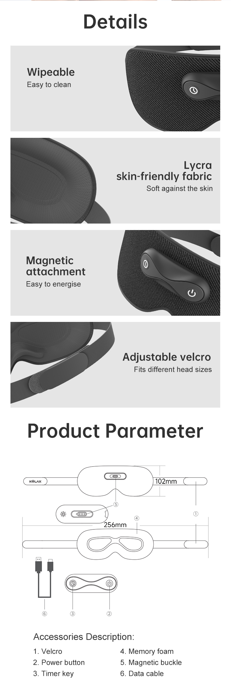 Graphene Heated Nasal Comfort Eye Mask: fastening details and specification diagram.