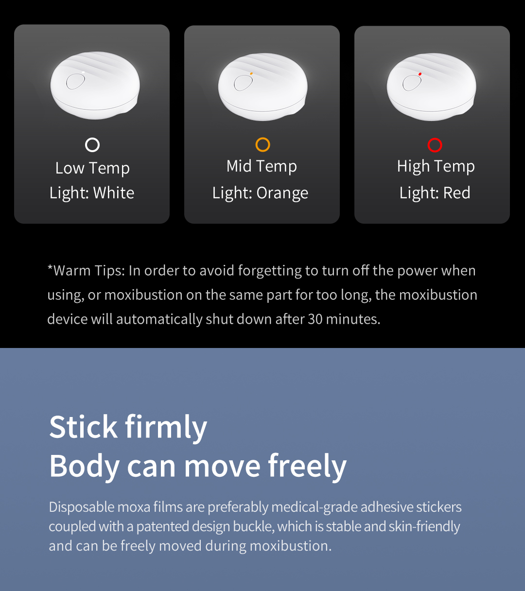 A30 Graphene Smart Moxibustion Device: indicator light and adhesive use guide.