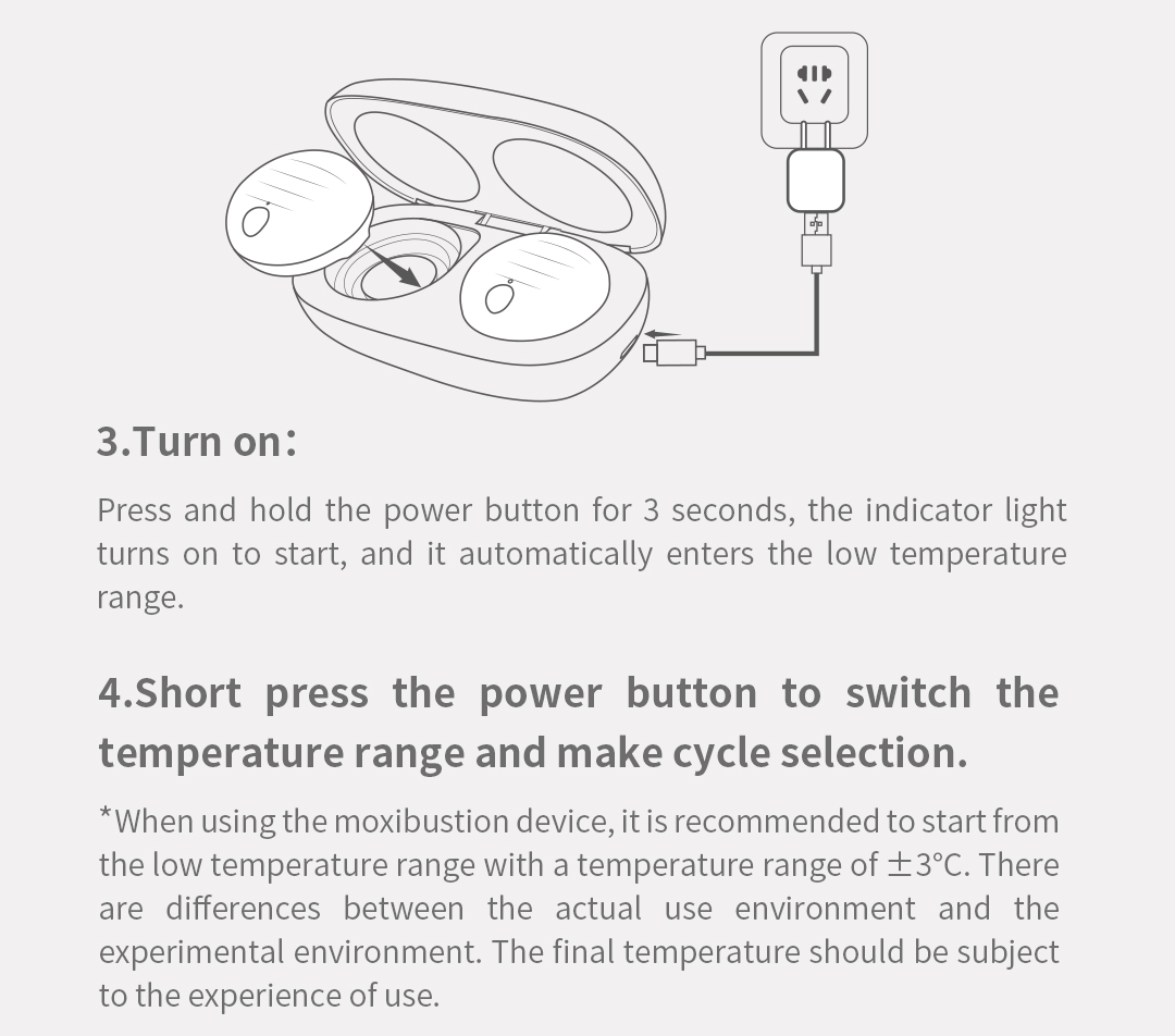 A30 Graphene Smart Moxibustion Device: USB charging and power button instructions.