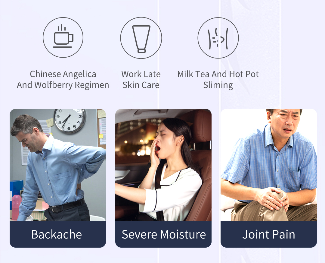A30 Graphene Smart Moxibustion Device: daily activity and discomfort illustrations.