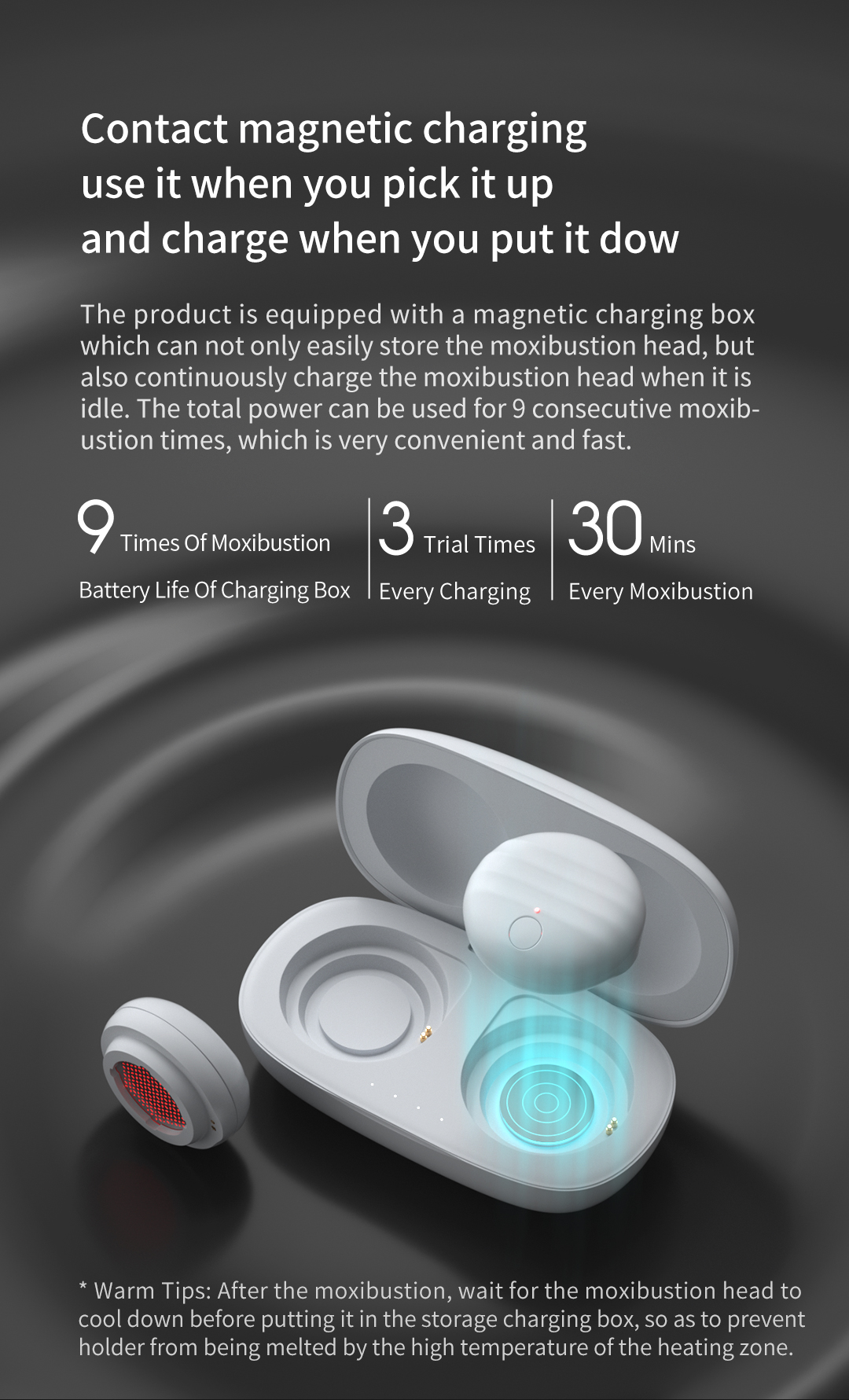 A30 Graphene Smart Moxibustion Device: charging case and magnetic contact illustration.